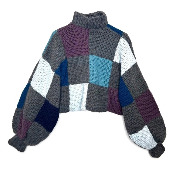Vintage Sweaters - Vintage Knit Balloon Sleeve Check Squares Mock Neck Cropped Pullover Sweater M/L